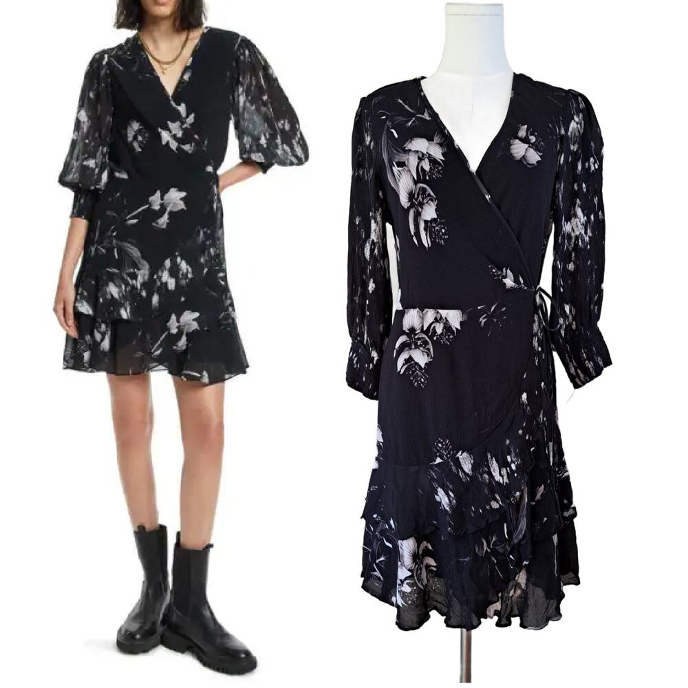 ALLSAINTS Ari Pauline Dark Floral Print Wrap Dress US 6 Black